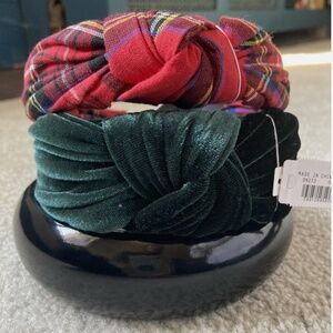NWT 3 J. Crew Headbands In Red Tartan Green Velvet And Metallic Black Leather